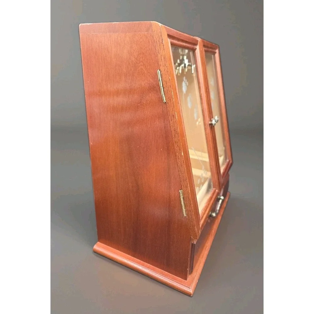 Vintage Wooden Jewelry Box Armoire Etched Glass Doors Rotating Carousel Mirror
